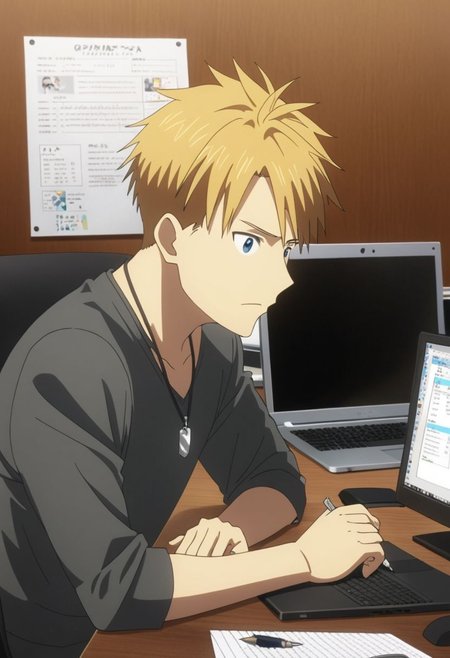 high resolution, professional photography, best quality, 1Boy, Yamato Ishida, blond hair, deep blue eyes, necklace, worker, working, office space, office desk, concentration, focus, laptop, OverallDetail