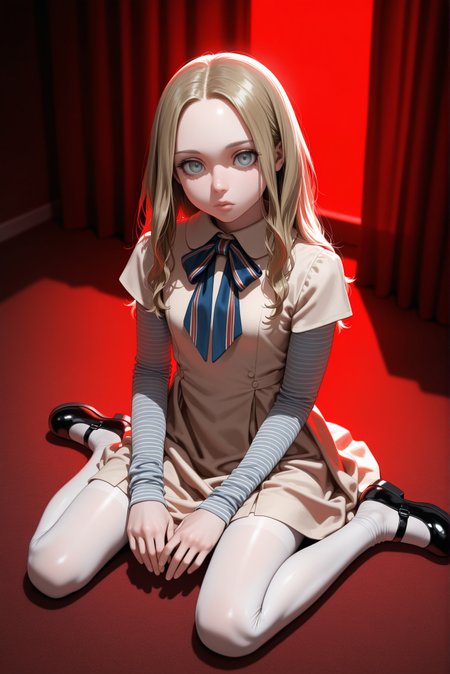 masterpiece, best quality, absurdres, highres,red lighting,indoor,from above
<lora:m3gan_ill_v1.3:1> 1girl,m3gan, grey eyes,(thick lips:0.8),expressionless,striped long sleeves, dress, long hair, white pantyhose,black footwear,mary janes,looking at viewer,wariza
