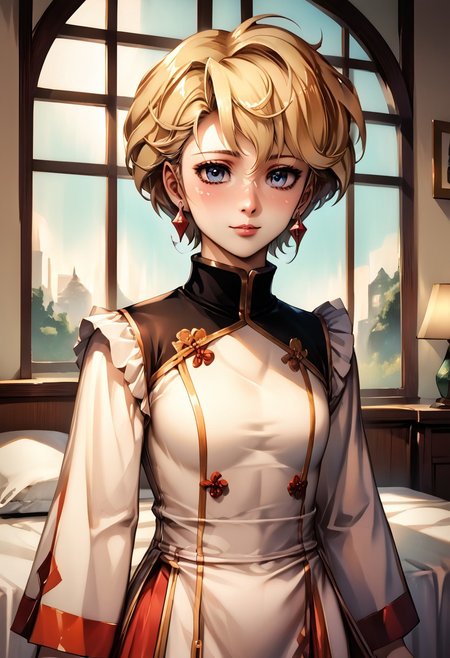 score_9, score_8_up, score_7_up, source_anime, , (best quality) , (highly detailed) , (best quality) , (highly detailed) ,((masterpiece)), ((best quality)), (ultra-detailed), ((extremely detailed)), (high resolution), 4K, (8K), best quality, (beautiful), (dynamic lighting), (super detailed skin), sharp focus, (1_girl, solo focus), shiny skin, masterpiece ,absurdres ,detailed face ,<lora:pony_xl_Hildegard:0.8>,Hildegard,score_9,score_8_up,1girl,female,kawaii,solo,short hair,earrings, 
chinese clothes, turtleneck, long sleeves, wide sleeves,, indoors, bed, bed room, on side, blush, drunk, looking at viewer, solo, cowboy shot, dutch angle
lighting, Intricate, High Detail, Sharp focus, dramatic, masterpiece, best quality, ultra-detailed, detailed, detailed body, detailed face, UHD, kawaii, cute, very big eyes, Aesthetic Anime Eyes,  (8k, masterpiece, best quality, ultra-detailed),
