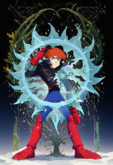 score_9, score_8_up, score_7_up, dynamic pose, full body shot, full body, source_anime, masterpiece, best quality, 1boy, Hero Costume, Black Jacket, Blue Pants, Red Gloves, Red Boots and Kneepads, one mechanical bracer, single bracer, bracer on left arm,  Transparent Shield. easynegative, ng_deepnegative_v1_75t, negative_hand, verybadimagenegative_v1.3, dark, chiaroscuro, low-key, pam-flwr, dark, chiaroscuro, low-key,  easynegative, Expressiveh, thick outline, white outline