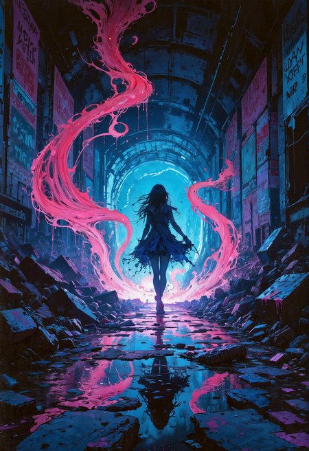 (in Otomo Katsuhiro style:1.2), high-quality, masterpiece, A graffiti-covered ghost drifting through a forgotten subway, Her translucent form leaves behind glowing paint streaks that curve and loop in abstract patterns, The scene has a fish-eye lens effect distorting the urban backdrop into a chaotic swirl of colors, The paint seems alive twisting and expanding as it moves with highly saturated neon colors bleeding into the dark surroundings, with a dreamy surreal atmosphere, (elaborate fine details:1.1), (hyperdetailed:1.1), (intricate details:1.0), (Refined details:1.1), (best quality:1.1), (high resolution:1.2)