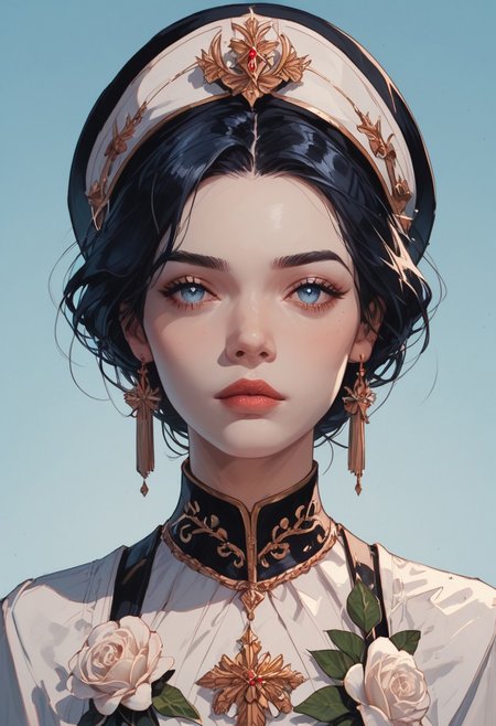 masterpiece,best quality, highly detailed, score_9, score_8_up, score_7_up, score_6_up, score_5_up, score_4_up, Expressiveh, an elegant woman with long dark hair wearing hat and white dress, engraving effect, pale blue background, white flowers, Expressiveh, warm lighting, dynamic lighting, detailed face, detailed skin, perfect eyes, detailed hair, detailed clothes,