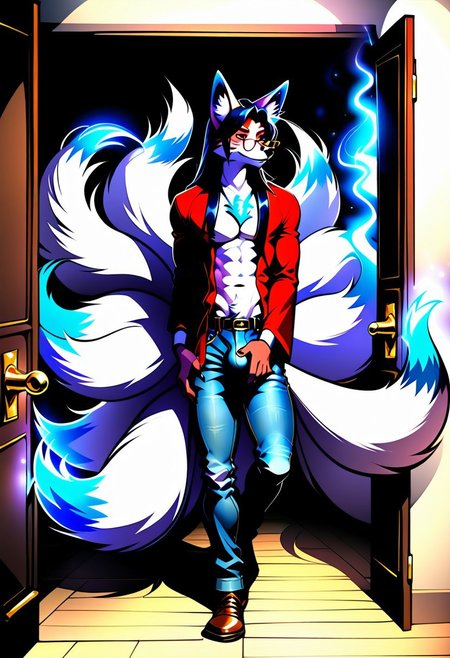 safe_pos, safe_pos, {((1male:2.0)), furry, fox, ((kitsune:2.0)), white fur, long hair, dark hair, blue highlight in hair, fox ears, glasses, nerdy, fox tail, denim jeans, shirtless, thin build, androgynous, shuffling a deck of cards, corruption magic, dark magic, scholar, on college campus, full body render, solo male, solo, }

FurryDalle, cartoon, high quality, Expressiveh