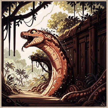 score_9, score_8_up, score_7_up, score_6_up, score_5_up, score_4_up, ink splats around border, gleaming metal snake made of copper, in the workshop of a wizard, lightning shooting from its open mouth, feral, armless, forked tongue, jungle temple