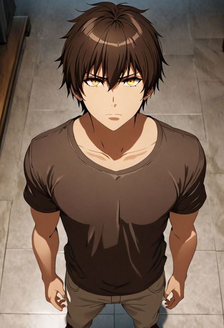 Highres, Masterpiece, High Quality, 4K, 8K, solo, 1Boy, Seiya Kanie, short dark brown hair, golden eyes, standing, straight facing upwards, casual, seen from above, arrogant face, dominant, intimidate, easynegative, detailed_eye_model