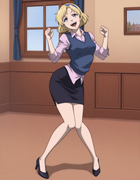 detailed, masterpiece, best quality, 
hairband, collared shirt, vest, pencil skirt, high heels, 
indoors, 
1girl, solo, 
xsarahx, blonde hair, short hair, blue eyes, <lora:tb-sarahdubois:1>,