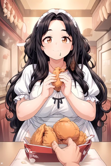 (masterpiece:1.4), high quality, high definition, sharp focus, detailed clothes, detailed body, detailed face, anime, best quality, 4k, 8k, absurd resolution, intricate detail, detailed hands, detailed eyes, animation, illustration, highly detailed, highres, extremely detailed, <lora:hyperdenoiser_v090:0.6>, <lora:perfetfingers:1>, OverallDetail, ah1, <lora:hyperrefiner_v090:0.6>, <lora:add_detail:1>, <lora:ETO_OCC002:0.7> ETO_OCC, black hair, (curly hair:1.5), long hair, thick eyebrows, (looking at viewer), (fat:1.5), (hazel eyes:1.5), (parted bangs:1.8), (1girl:1.4), skindentation, <lora:softservice:0.5> softservice, maid costume, full body, maid, maid headdress, maid apron, (sweet smile), (holding fried chicken), (girl with a hamburguer in her mouth), (detailed food:1.5), (food on mouth:1.5), (eating hamburguer), pov, (hands:1.4), (multiple hands feeding up 1girl:1.5), (feeding on girl:1.6), open mouth, tongue out, (multiple hambuguers:1.8), (multiple hands holding food:1.6), (girl surrounded by food:1.6), (pov hands:1.5), (multiple boys:1.6), (eating:1.5), (sucking:1.5), (licking:1.5), (feeding:1.5), (being feed up:1.5), (feed up by viewer:1.7), <lora:multiple_hands_v0.5:1>, (multiple_hands:1.4), (multiple hands:1.4), (solo focus), (too many hands feeding on hamburguers to girl:1.8), (a lot of hands holding food:1.8), (girl being feed on fried chicken:1.9), (group feeding on to girl:1.5), (french fries on cheeks:1.8), (french fries cheeks poking:1.7), (cheeks poking with french fries:1.8) <lora:è¯å¾·åº v2:0.8> kendeji, fried chicken, burger, kfc food, kfc bucket,