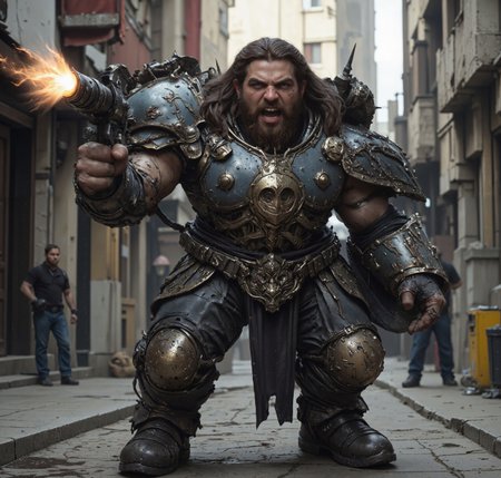 a very short fierce dwarven jibDwa@f,with a very angry expression on his face, in a Robot Mech suit that is standing on a street. fireing a wrist-mounted gun laser weapon , render of heavy fantasy armor, bastion game, highly detailed vfx portrait, muscular characters, fierce bearded dwarf, 3 dmax, large metal jaw, promotional render, giant guns, maximus jacobs, korean artist