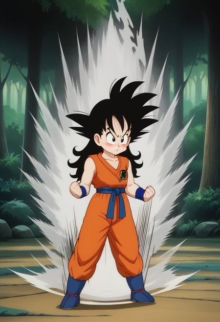 score_9, score_8_up, score_7_up , , source_anime, intricate details, masterpiece, high quality, prefect hands, best quality,, 1girl, solo , anime screencap,
,Martial Arts , forest,
, GGoku , black hair, black eyes, big eyeballs , spiked hair , long hair  ,  eyelash , lips  , cute , blush ,  small breast ,   chibi , <lora:GGoku-000003:0.7>,
orange dougi, blue sash, blue wristband, sleeveless , orange pants, orange topwear,   <lora:DBKiCharge_XLPD:1> , white aura, fighting stance, clenched hands, full body