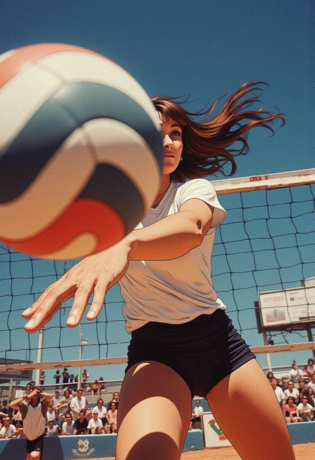 (misakistyle), masterpiece,best quality, very aesthetic, absurdres 
 by Stephen Shore, by Christopher Balaskas, by Jerzy Duda-Gracz , aesthetic, harmonic, artistic, creative, esthetic. .
high quality, (best quality:1.1),

The front view is very close. A female volleyball player throws the ball. In the left part of the frame, a volleyball ball occupies half of the frame, in the right part, the outstretched hand of the volleyball player is visible to us. In the background, stands with spectators, camera flashes, billboards can be seen out of focus., . mythp0rt, InCase Style. nigiex. Depth of field, masterpiece., . full body. An otherworldly atmosphere, Mysticism. mythp0rt, InCase Style. (in motion, blur in motion). nigiex. . (Depth of field), low saturation,detail. mythp0rt Stylish, charismatic. (depth of field) mythp0rt, nigiex.

 Otherworldly atmosphere.
(Depth of field), low saturation,detail. 