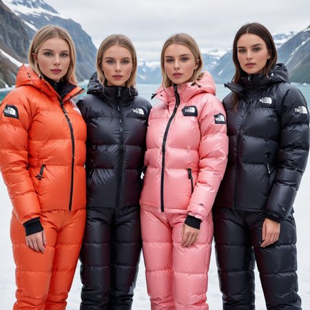 group of nordic professional women wearing a tnf_nuptse jacket and  latex downsuit puffer_downsuit , hyperdetailed photography,4k textures,intricate details,4k resolution,  <lora:puffer_downsuit_v1:0.6> ship scene 
 <lora:pufferdown_tnf_nuptse:0.6>