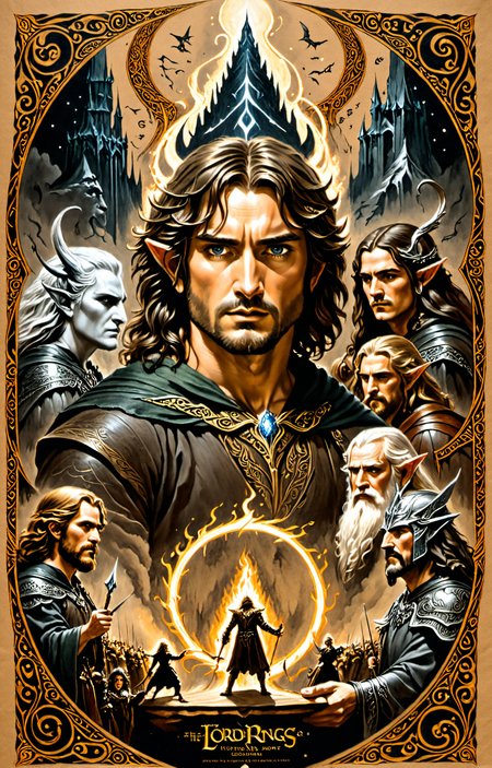 Black and brown drawing Lord of the Rings,Fellowship of the Ring,epic scene,on kraft paper,realistic depiction,historical depiction,Asgrimur Jonsson,Carl Kopinski,fantasy,high detail,Vlop and Krenz Cushart,ornate detailing,Jean-Sebastian Rossbach,James Jean,<lora:xl_more_art-full_v1:0.3>,