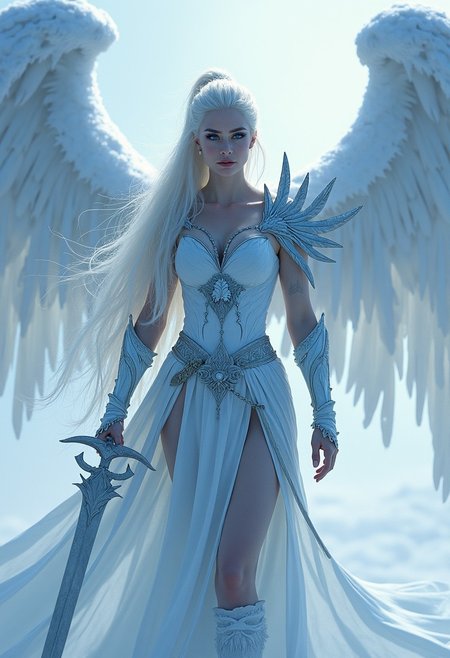 white snow as A beautiful Valkyrie with long white hair and icy wings, wearing intricate ice armor, holding a freezing longsword,
full body shot, 1girl,  white snow, long hair, ponytail, blue eye's, scar over left eye, white hair, holding freezing sword, ice armor, winged circlet, long loincloth, floating above ground, ice wings, ice wings, snow, aura,
score_9, score_8_up, score_7_up, score_6_up, highres, beautiful face, perfect eyes, masterpiece, best quality, highres, realistic, cinematic shot