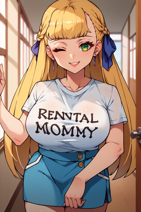 score_9, score_8_up, score_7_up, score_6_up, source_anime, 1girl, solo  <lora:theresagriebel-pdxl-nvwls-v1-000004:1> tgriebel, blonde hair, braid, long hair, hair ribbon, green eyes, earrings, huge breasts, wink, smile, <lora:rentalmommy-outfit-richy-v1_pdxl:0.8> "rental mommy", clothes writing, white shirt, t-shirt, indoors, hallway, looking at you