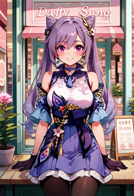 zzKeqing, purple eyes, hair between eyes, cone hair bun, hair bun, hair ornament, long hair, purple hair, twintails, double bun,    black pantyhose, dress, bare shoulders, detached sleeves, gloves, frills, skirt,
(sitting at a table, coffee), date, 
pnkBldng, tree, window, plant, pink flower, sign, potted plant, pink theme, shop, spring (season), storefront, 
,cowboy shot, medium breasts, curvy, smile, looking at viewer, pretty background, dynamic pose,
