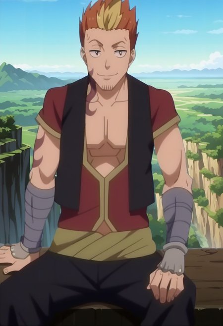 score_9, score_8_up, score_7_up, source_anime, rating_safe, anime screencap, 1boy, Pauleus, original style, sitting-relaxing on cliff edge, facing viewer, smiling, hand with five fingers, centered, front view, at a cliff outdoors,