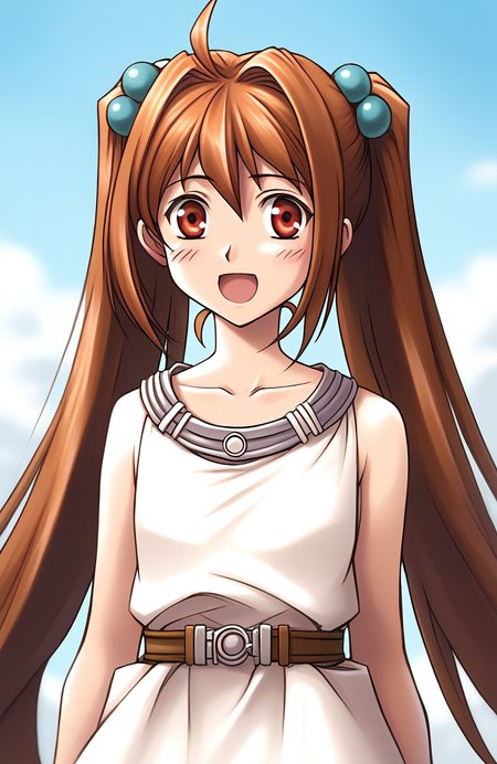 score_9, score_8_up, score_7_up, source_anime, rating_explicit, BREAKã <lora:Estelle_Bright_Retro_XL:1> Estelle_Bright, brown hair, long hair, red eyes, ahoge, brown eyes, very long hair, hair intakes,  short stack,
 1girl, solo, twintails, blush, hair ornament, hair bobbles, open mouth, dress, belt, 
upper body, collarbone, transparent background, white dress
day, outdoor,
looking at viewer, 
cowboy_Shot,