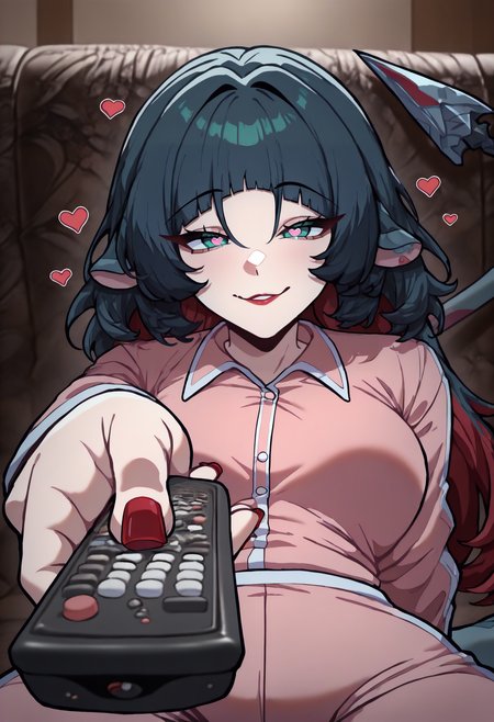 masterpiece, best quality, newest, absurdres, highres, 1girl, sitting, holding remote control, controller, on couch, looking at viewer,
<lora:ManWatchingTVMeme_illusXLNoobAI_Incrs_v1-000012:1>, pajamas, heart-shaped pupils,  <lora:zzz_janedoe_illustriousXL:1> j4ne d0e, tail, two-tone hair, black hair, red hair, blunt bangs, animal ears, green eyes, red nails,