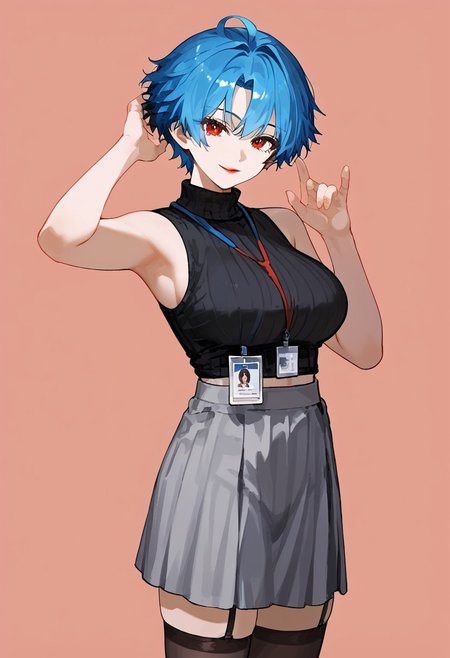 score_9, score_8_up, score_7_up,source_anime, high res image,masterpiece,best quality, simple background, rating safe
solo
cowboy shot, 
seductive smile, 
1girl, solo,
arms up
tomboy, Alain, blue hair, red lips, huge_breasts, red eyes,
ruanyi0897,black thighhighs,garter straps,turtleneck,id card,lanyard,grey skirt,crop top,black sleeveless sweater,long skirt,