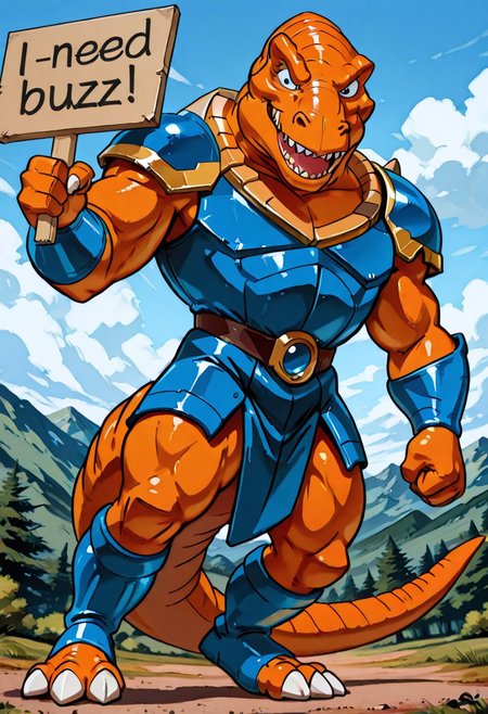 score_9, score_8 up, score_7, 8K, In'ei, traditional animation cel, perfect depth of field shot, beautiful, sharp focus, crisp details, 90s animation, masterclass animation, photographic realism, source_anime, orange tyrannosaurus rex-anthro wearing blue roman armor, roman centurion armor, gladiator armor, blue chest armor, blue stomach armor.  need_buzz, holding sign, 
orange tyrannosaus-rex anthro, dinosaucers, extreme dinosaurs, muscular, dinosaur, trex, blue lorica musculata, blue Pteruges, blue roman armor skirt, blue greaves, blue bracers, gold trim on armor, perfect proportions, long tail, orange skin, orange scales, 
exterior, detailed anime sky with clouds, standing in battle-ready pose, nature, in the style of the cartoon Dinosaucers, 80s cartoon, punch, black linework with flat anime color, heroic pose, smiling, three toes per foot