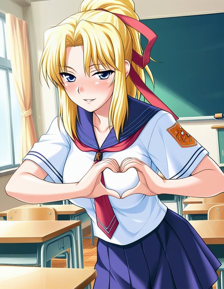 masterpiece, best quality, amazing quality, very aesthetic, absurdres, official art, ultra detailed,
1girl, solo, kiriya_erika, blonde hair, blue eyes, long hair, hair ribbon,  ponytail, 
school uniform, serafuku, skirt BREAK
blush, seductive smile, parted lips, looking at viewer, 
standing, heart hands, 
in classroom, cowboy shot, sharp focus, depth of field, highly detailed
<lora:kiriya erika v1.0-000017:1>