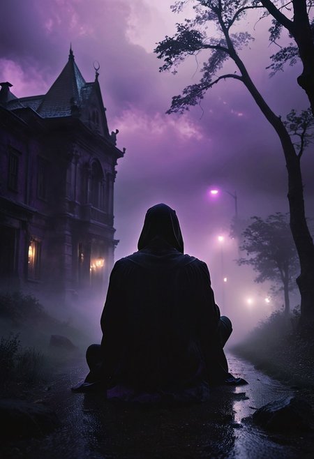 sadness, depression, solid black creature sitting atop a forlorn hill, all alone, no one listens, fog, rain, demons around the corner, poison, 4k quality, masterpiece, darkness, glowing eyes, ghosts swirl about teasing the afterlife that awaits, purple mist