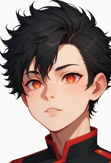 score_9, score_8_up, score_7_up, 8k, best quality, charturnerv2, sz4d3k, 1boy, even skin tone, cell shaded, male focus, indirect lighting, detailed face, detailed eyes, detailed, Expressiveh, young male, Walan, red eyes, black hair, fiery hair, black fire nation uniform, face focus, close up, headshots, solo, alone, black clothes,