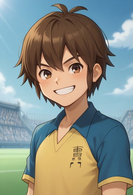 score_9, score_8_up, score_7_up, source_anime, highly detailed, 
handa, 1boy, male focus, solo, brown hair, hair between eyes, brown eyes, sportwear, raimon, soccer uniform, raimon soccer uniform, shirt, raglan sleeves, blue shirt, yellow shirt, short sleeves, smile, grin,
outdoor,