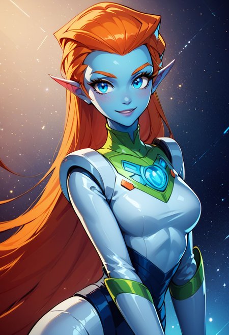 score_9, score_8_up, score_8, medium breasts, (curvy), cute, eyelashes,     
rating safe, 
BREAK,
zzMira, blue eyes, blue skin, orange hair, pointy ears, white spacesuit,
BREAK,
smile, looking at viewer, 
abstract space background, 
zPDXL, Expressiveh