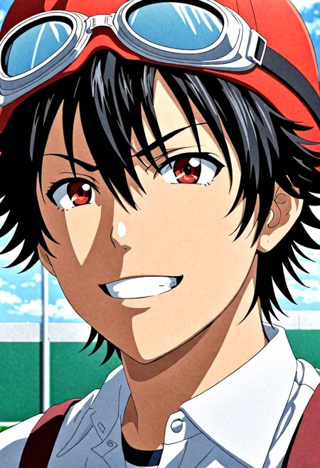 (4k), extremely detailed, hyper detailed, high resolution, professional photography, best quality, candid photo, 1boy, solo, male focus, easynegative, Yuusuke Fujisaki, Red Hat, Black Hair, school uniform, looking at viewer, candid photo, goggles, angry, smile