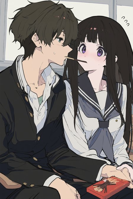 1boy,1girl,chitanda eru,oreki houtarou,hyouka,
(cogecha:0.7),(mochizuki kei:0.8),(rafaelaaa:0.8),(zhibuji loom:0.8),
(magotsuki:0.9),(hurray:0.99),black hair,black jacket,blush,collarbone,embarrassed,eye contact,facing another,flying sweatdrops,food,(food in mouth:1.21),gakuran,hetero,jacket,looking at another,own hands together,(pocky:1.2),pocky in mouth,(pocky kiss:1.2),purple eyes,school uniform,serafuku,shirt,sitting,sweatdrop,white shirt,classroom,flower,amazing quality,brown hair,green eyes,kamiyama high school uniform \(hyouka\),long hair,chair,indoor,
A young couple in a romantic embrace. the girl is on the left side of the image,with her head resting on the boy's shoulder. she has dark hair and purple eyes,and is wearing a white school uniform with a blue collar. the boy has short black hair and green eyes. they are standing in front of a window with pink flowers hanging from it. the girl is holding a red book in her hand and is looking at the boy with a sad expression on her face. she is also holding a cigarette in her mouth,as if she is about to kiss him.,
newest,masterpiece,best quality,very aesthetic,absurdres,