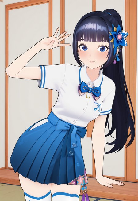 masterpiece, best quality, very aesthetic, absurdres, 1girl, solo,
<lora:fuji_aoi_v01:1.0>, virtual youtuber, aoi_costume2, black hair, long hair, ponytail, blunt bangs, blue eyes,
hair ornament, white shirt, collared shirt, blue bowtie, blue skirt, hakama short skirt, zettai ryouiki, white thighhighs, smile, posing