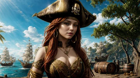 (young redhead pirate woman), (portrait), sharp focus, (ultradetailed), (standing), (happy) smile, pirate (ship galleon:1.2,  hoop earrings, gold medallion, Hunter Greenpirate clothes, pirate hat, hips, (pirate parrot:1.2),  pirate (village), leafy beach coast, (treasure chest with coins, gems and jewels:1.2), rum barrel, best quality masterpiece,  bright sunny sky, backlight, natural lights, high contrast, hdr, shadows, pretty, beautiful, feminine, sexy, adorable, lovely, in love, (PirateDiffusionprt:0.5),  <lora:Pirate:0.3>  PrateT  <lora:PirateRealms:0.3> <lora:Detail Tweaker LoRA add_detail:0.8> <lora:depth_of_field_slider_v1:5> <lora:SDXLrender_v2.0:0.9>