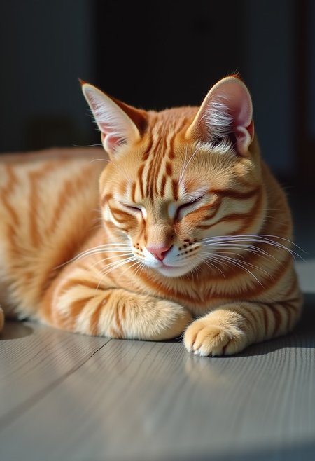 A serene (orange tabby cat) rests peacefully on a (smooth wooden floor), its eyes gently closed in a state of complete relaxation. The cat’s (striped fur) glows softly in the natural light, enhancing the warm tones of its coat, which contrasts with the (cool, muted shades) of the floor. The delicate (folding of its paws) and the slightly upturned expression give the impression of tranquility and contentment. The subtle play of light and shadow across its body adds depth to the scene, emphasizing the calm, peaceful moment captured in time.