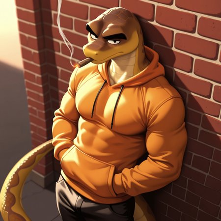 uncensored, masterpiece, best quality, highly detailed, realistic, 1boy, solo, MRSK, furry, anthro, scalie, snake, black eyebrows, black eyes, brown body, brown scales, yellow body, yellow scales, two tone body, two tone scales, orange hoodie, black pants, upper body, standing, closed mouth, looking at viewer, simple background, high-angle view, dutch angle, hands in pocket, smoking, cigar in mouth, leaning, leaning against wall, red brick wall, muscular male, tall male, mature male, medium tail, expressionless, dark area