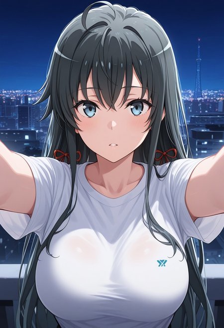 (Best quality , 8K , masterpiece) , Best illustration , Yukinoshita Yukino, 1girl, big breasts, white t-shirts, ((looking for viewers)), tower, night