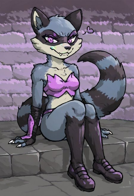 maypul, purple fur, raccoon, female, solo, 1girl, evil, pink/purple demon eyes, abyss, shadow figure, evil, anthro, smug on face, looking at viewer, sitting, evil glare, fangs