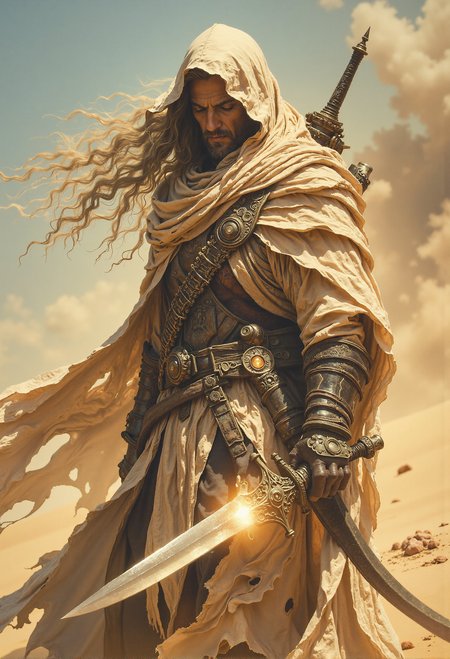 Desert nomad, flowing beige robes, veiled face, glowing dagger, sandstorm backdrop <lora:Elden_Ring_-_Yoshitaka_Amano.safetensors:1.0>,  <lora:aiai-Glimra-Flux-Dev-v2.safetensors:0.5>,  <lora:Movie_Portrait.safetensors:0.4>,  <lora:- Flux1 - soothing_atmo_V2.0.safetensors:0.2>,  <lora:lith_mimosa_kiel_grw134_FLUX.safetensors:0.35>,  <lora:Instant camera portrait photography V2.0.safetensors:0.5>,