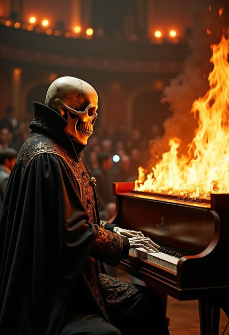 A skeleton wearing a Victorian Inverness cape, playing a piano at the opera house, the piano is completely engulfed in flames but the skeleton doesn't care, masterpiece 4k, highly detailed,