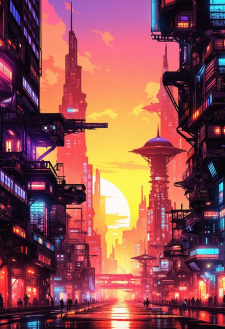 Inkpunk Anime, Abstract digital painting in the style of ck-js, concept art, futuristic, streetview of futuristic sci-fi city, towers, domes and skyscrapers, sunset, rule of thirds, perfect lighting, sunset, HD32K, wallpaper, hyperdetailed