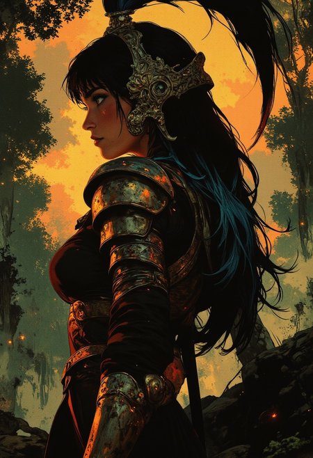 stunning female korean templar knight, long multicoloured hair (dark with blue and red highlights), helf-helm, bangs, dark eyeshadow, red lips, bronze breastplate, shoulder armour, standing  in a misty forest at sunset, closeup  profile image, High Detail, Perfect Composition, in shadow, high contrast, silhouetted, chiascuro