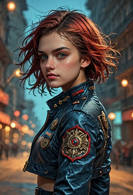 1girl, side view, she is Nausica of the Valley of the Wind, solo, masterpiece, absurdres, best quality, (colorful), cinematic lighting, realistic, dynamic pose, extremely detailed, head turned to look at viewer, red hair, beautiful detailed face,(intricate detailed blue short military jacket with gold inlaid, cleavage,extremely short miniskirt, military black boots), stands alone on the middle of a street with lampposts and burning fires in the background, solo, masterpiece, absurdres,  dynamic pose, the Sun shines over her, sun rays in her hair,subsurface scattering, remarkable color, ultra realistic, textured skin, remarkable detailed pupils, realistic dull skin noise, visible skin detail, skin fuzz, dry skin, bokeh, sharp focus on subject. no headgear,extremely detailed, looking at viewer, beautiful detailed face, subsurface scattering, remarkable color, ultra realistic, textured skin, realistic dull skin noise, visible skin detail, skin fuzz, dry skin, bokeh, sharp focus on subject.