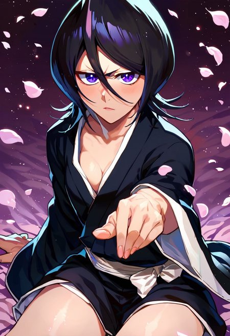 score_9, score_8_up, score_7_up, score_9,  BREAK   <lora:rukia:1> rukiaSDXL, 1girl, solo, looking at viewer, short hair, black hair, long sleeves, hair between eyes, purple eyes, japanese clothes,white ribbon, wide sleeves, kimono,  petals,  black kimono, kuchiki rukia, sitting, ((nip slip)),
