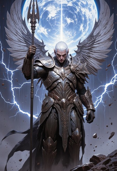 destroyed battlefield background, detailed background, dynamic angle, dynamic pose, great composition, high-quality, photorealistic mythic warrior scene, An armored valkyrie. Her short, platinum hair drips with rain, plastered to her stern face as lightning etches the horizon in dazzling forks. Silver wings at her back bristle with brilliant, reflective plumage, each feather rendered in hyperdetailed clarity. A massive spear etched with runes stands upright at her side, buzzing with latent thunderous energy. The cinematic scale of the swirling tempest around her instills a breathless sense of epic grandeur and raw elemental power, depth of field, dof, chromatic aberration, lens distortion