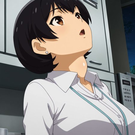 Photorealistic. score_9, score_8_up, score_7_up, 1girl,solo,mm,mature female,short hair,black hair,brown eyes,earrings,breasts,anime coloring, office lady,white shirt,upper body, 
,masterpiece,best quality,amazing quality,<lora:Yui_Yamanobe-Akogare_no_Onna_Joushi_ga_Aibeya_Shucchou_no_Tonari_no_Bed_de_Zetsurin_Otoko_ni_Netorarete_Iru-IL:0.8>r, full_body_view
(SwallowingLargeObject,  throat bulge), looking up, kitchen, night,  Put the egg in your mouth,  open mouth, 
 <lora:SwallowingLargeObject:0.85>,