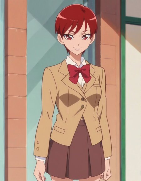 score_9, score_8_up, score_7_up, anime screencap, solo,1girl,kenjouakira,school uniform,brown skirt,brown blazer,  jacket, bow, smile,   looking at viewer,   cowboy shot,wide hip,medium breasts,<lora:kenjouakira:0.8>