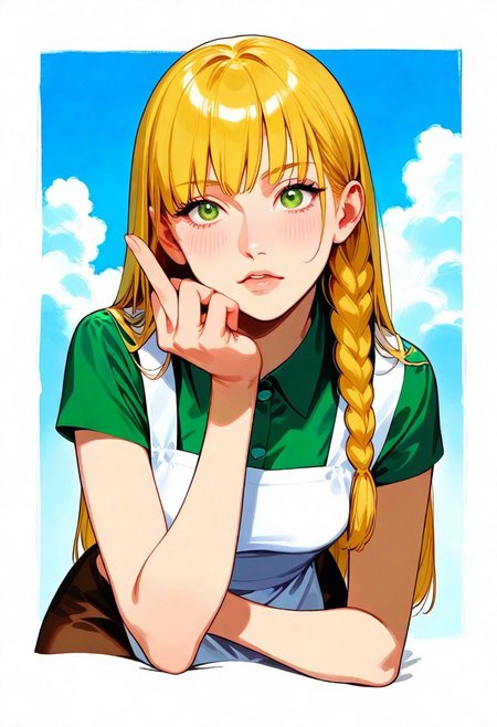 1girl, long hair, straight hair, yellow hair, single braid, side braid, green eyes, small breasts,long skirt, brown skirt, green blouse, short sleeves, white apron, poptepipic, solo, full lower lip, head rest, middle finger, looking at viewer, upper body, from above, three quarter view, cropped torso, sky, cloud, masterpiece, best quality, very aesthetic