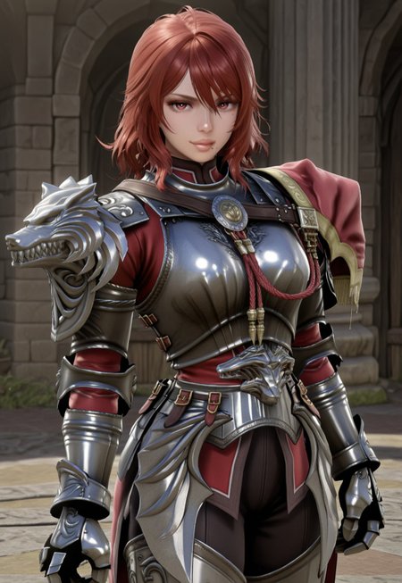 masterpiece, best quality, 2.5d, anime, cowboy shot, half smile, 1girl, solo, scfourhilde, red hair, lips, mole, breastplate, armor, gauntlets, asymmetrical shoulder armor, greaves,