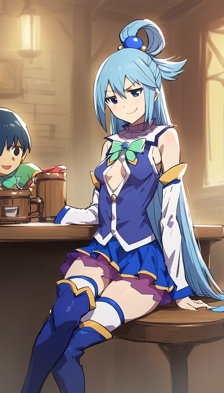 score_9, score_8_up, score_7_up, source_anime,
1girl, (aqua \(konosuba\)), kono subarashii sekai ni shukufuku wo!, (sitting, crossed legs), (thigh boots:1.6), from below, miniskirt,looking at viewer, proud expression, grin, <lora:Expressive_H-000001:0.5>, masterpiece,best quality, absurdres, incredibly absurdres, very aesthetic, aesthetic, artist: dino \(dinoartforame\), concept art, realistic, blue hair, long hair, (dino \(dinoartforame\):2), <lora:add-detail-xl:0.6>, <lora:DInoballXLlokr8f:0.69>, pastel colors,  contemporary, 8k, hd, intricate, smooth, (elegant), cinematic, volumetric lighting, high detail, beautiful, hyper detailed, cleavage, colored inner hair, small breasts, skin tight, majestic, blue eyes, perfect eyes, <lora:PerfectEyesXL:0.8>, <lora:Difference_EdgeEmphasys:0.2>, (perky breasts), (seductive smile), indoors, detailed face, (anime, intricate:1.3), (hires textures, high detail:1.2),(incredibly detailed:1.4) , arrogant smile, smug face,  ultra-detailed, best shadow, (beautiful detailed face, beautiful detailed eyes), High contrast, high saturation, (best illumination, an extremely delicate and beautiful), blue footwear, on table, table, tavern, sleeveless, bare shoulders, detached sleeves, blue skirt, <lora:AquaXL-v1-07:0.7>, ChopioAqua, long hair, very long hair, hair ornament, hair between eyes, blue eyes, single hair ring, narrow waist, wide hips, single hair ring, outfit_1, white collar, detatched collar, bare shoulders, green bowtie, blue gem, blue shirt, detatched sleeves, white sleeves, blue skirt, miniskirt, see-through, layered skirt, thighhighs under boots, zettai ryouiki, white thighhighs, blue footwear, (unbuttoned, partially unbuttoned, unbuttoned shirt, center opening),stepped on, (thighhigh boots)