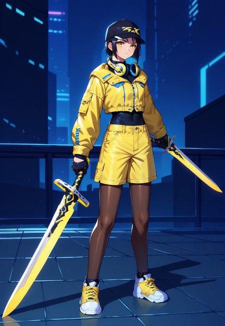  PonyXLV6_Scores BREAK V4NGU4RD, 1girl, weapon, sword, shorts, holding, yellow shorts, headphones, holding weapon, solo, holding sword, hat, yellow jacket, sneakers, jacket, over shoulder, weapon over shoulder, gloves, shoes, cyberpunk, standing, black gloves, looking at viewer, black hair, full body, pantyhose, short hair, black headwear, dual wielding, yellow eyes, headphones around neck